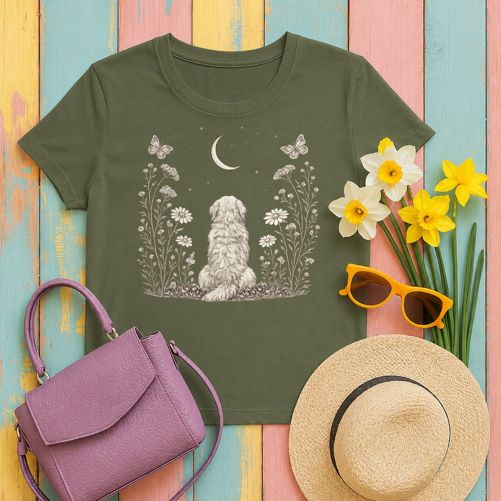 Cottage Core Golden Retriever T-Shirt in Military Green