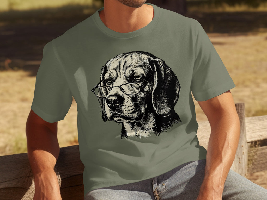 T-shirt with a black and white illustration of a beagle wearing glasses.