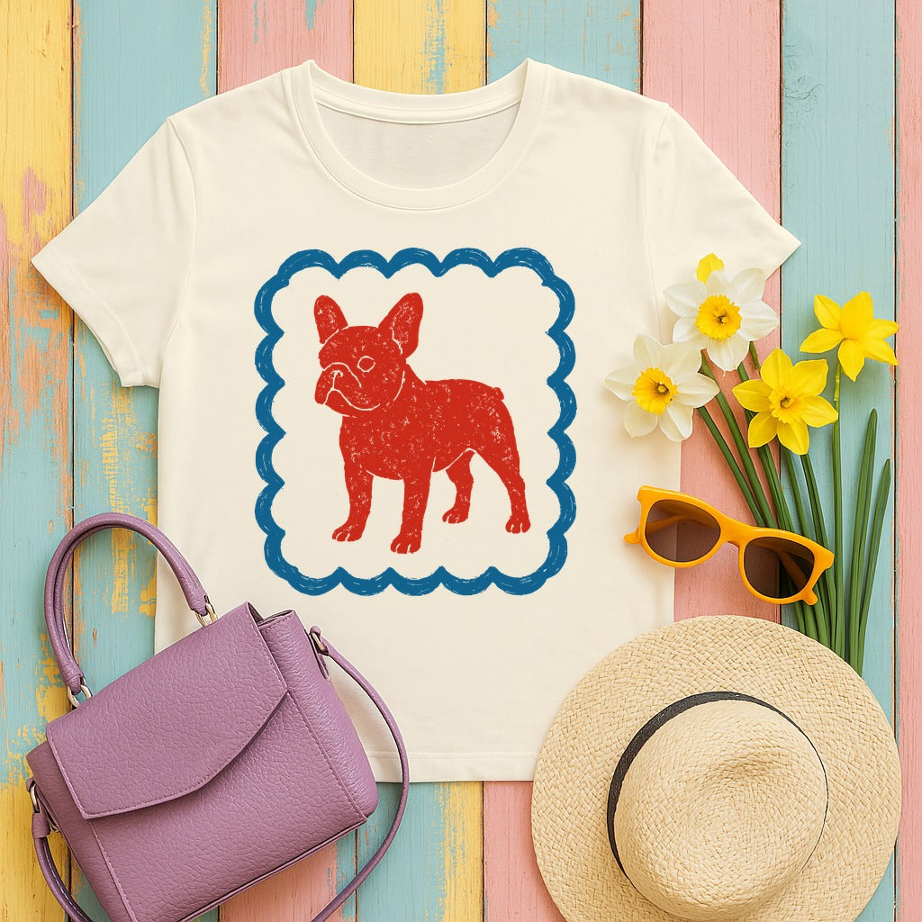French Bulldog in Decorative Border Graphic Design T-Shirt in Natural