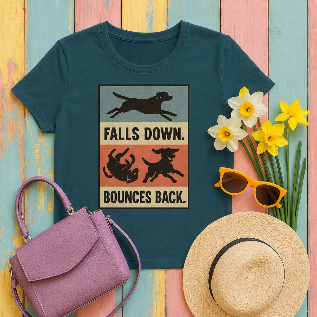 Chocolate Lab Falls Down Bounces Back T-shirt in Heather Deep Teal