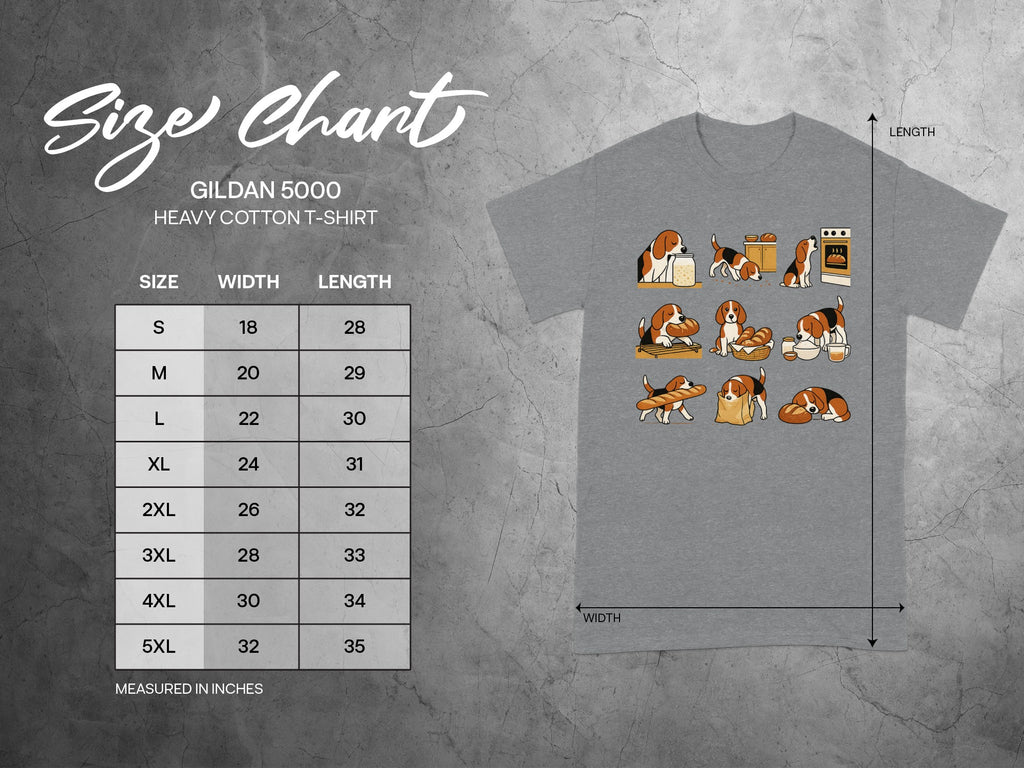 Gildan 5000 Heavy Cotton T-Shirt size chart with width and length measurements.