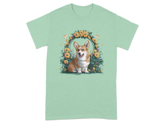 Cute Corgi Surrounded by Flowers Green T-Shirt product