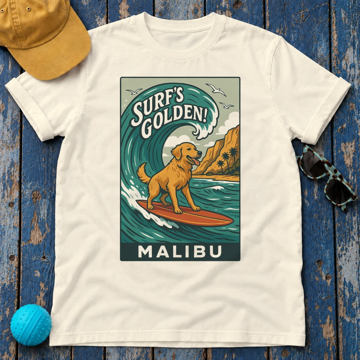 Surf's Golden Malibu Surfing Golden Retriever Dog T-Shirt in Natural