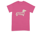 Pink t-shirt with a beige dachshund silhouette graphic and text.