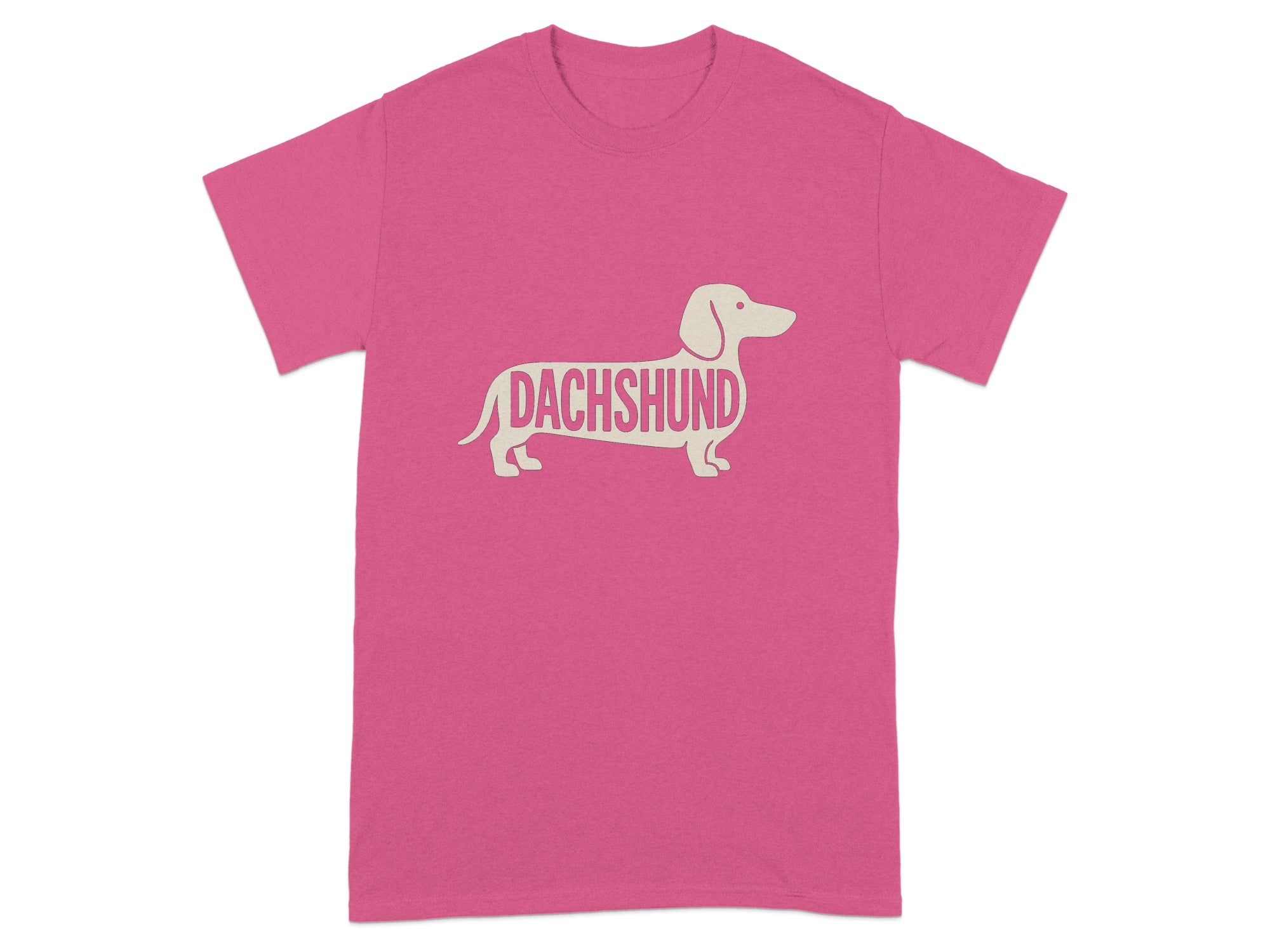 Pink t-shirt with a beige dachshund silhouette graphic and text.