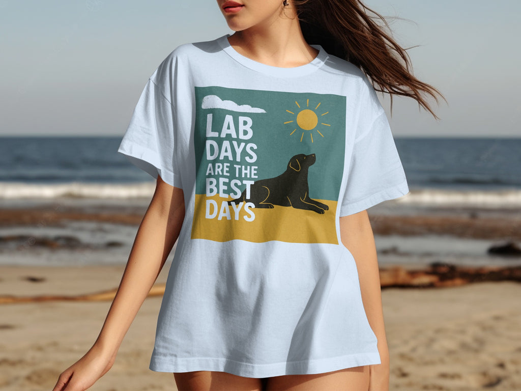 Light blue t-shirt with graphic of black lab, sun, and text "LAB DAYS ARE THE BEST DAYS"