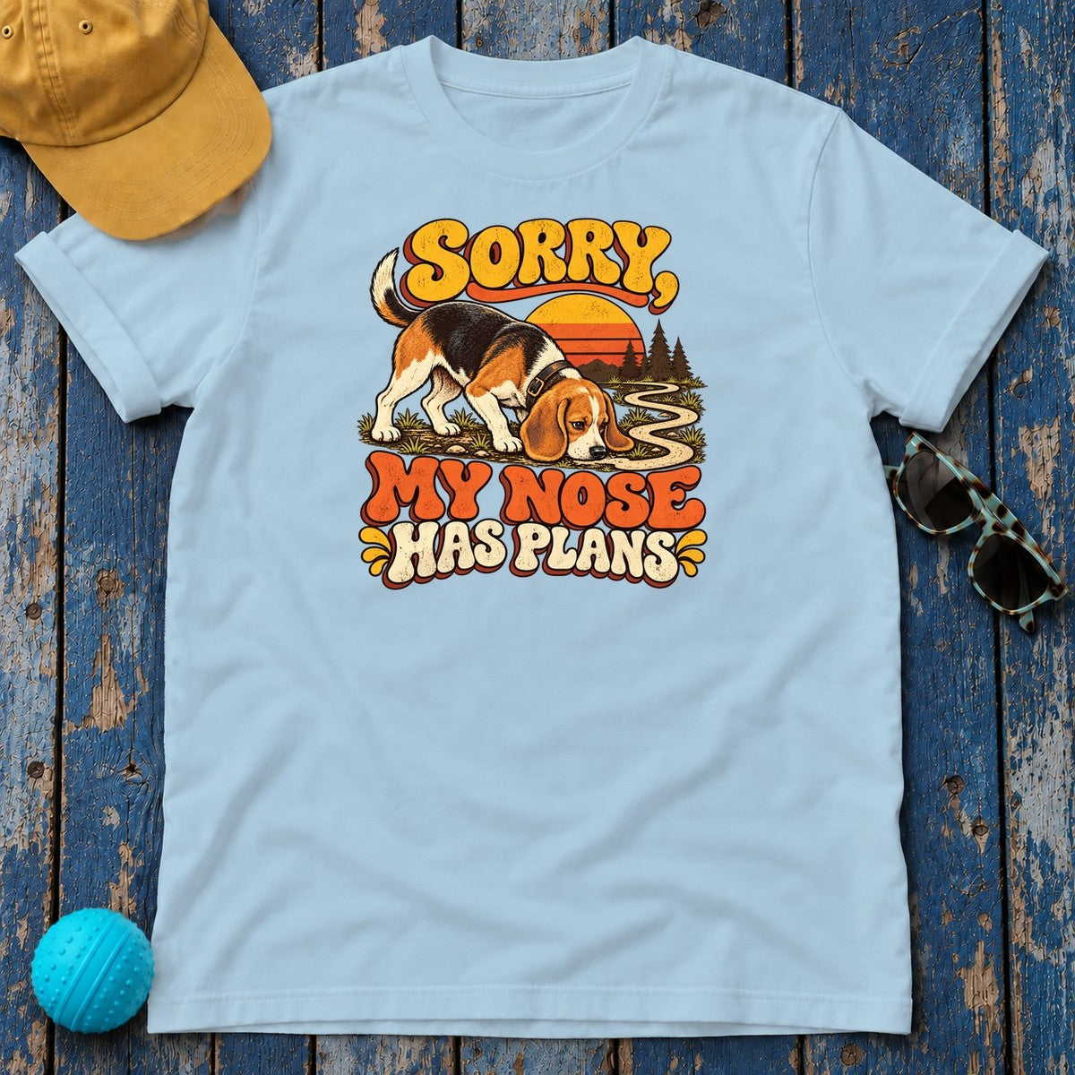 Sorry My Nose Has Plans Beagle T-Shirt in Light Blue - flat lay