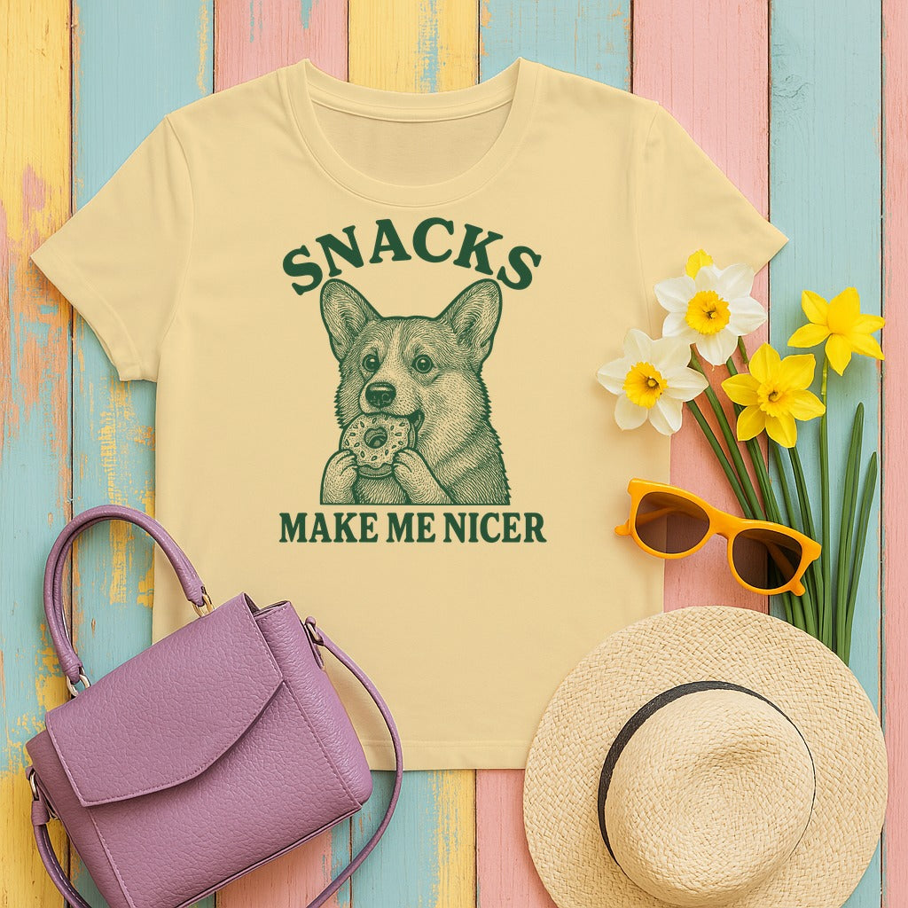 Snacks Make Me Nicer Corgi with Donut Graphic T-Shirt in Yellow Haze