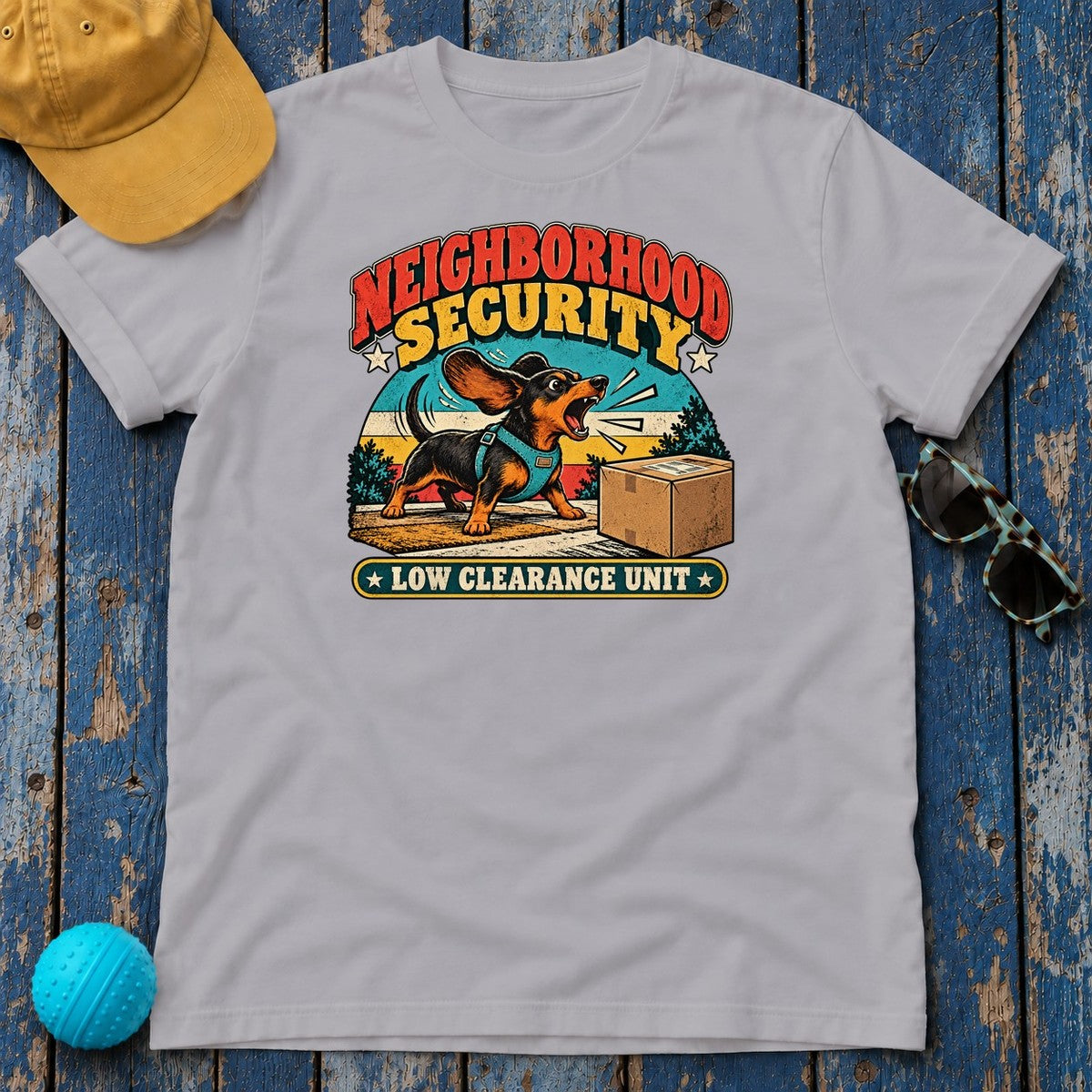 Neighborhood Security Low Clearance Unit Dachshund T-Shirt in Athletic Heather - flat lay
