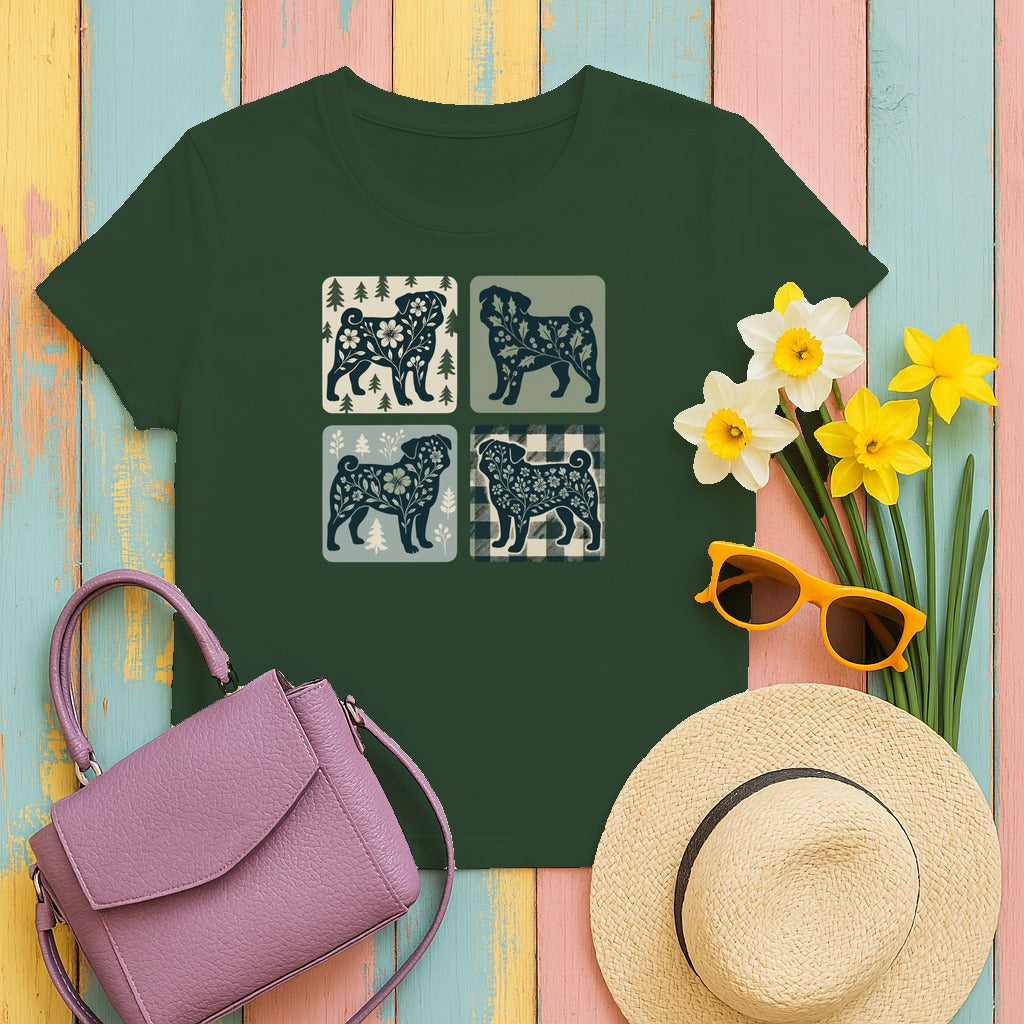 Winter Pug Design T-Shirt in Forest Green