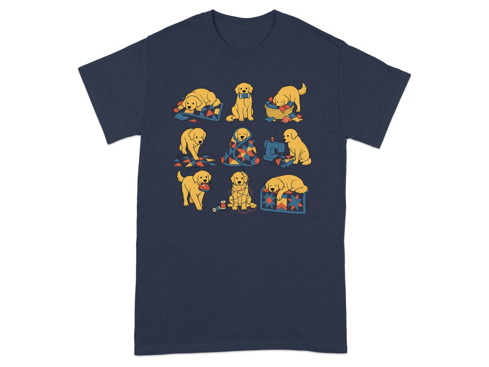 Nine cartoon golden retrievers engaged in various sewing and napping activities on quilts.