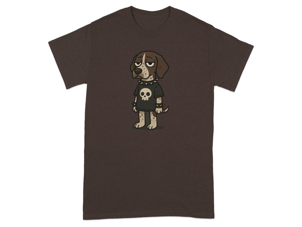 Grumpy Dog Cartoon Graphic on Brown T-Shirt Product