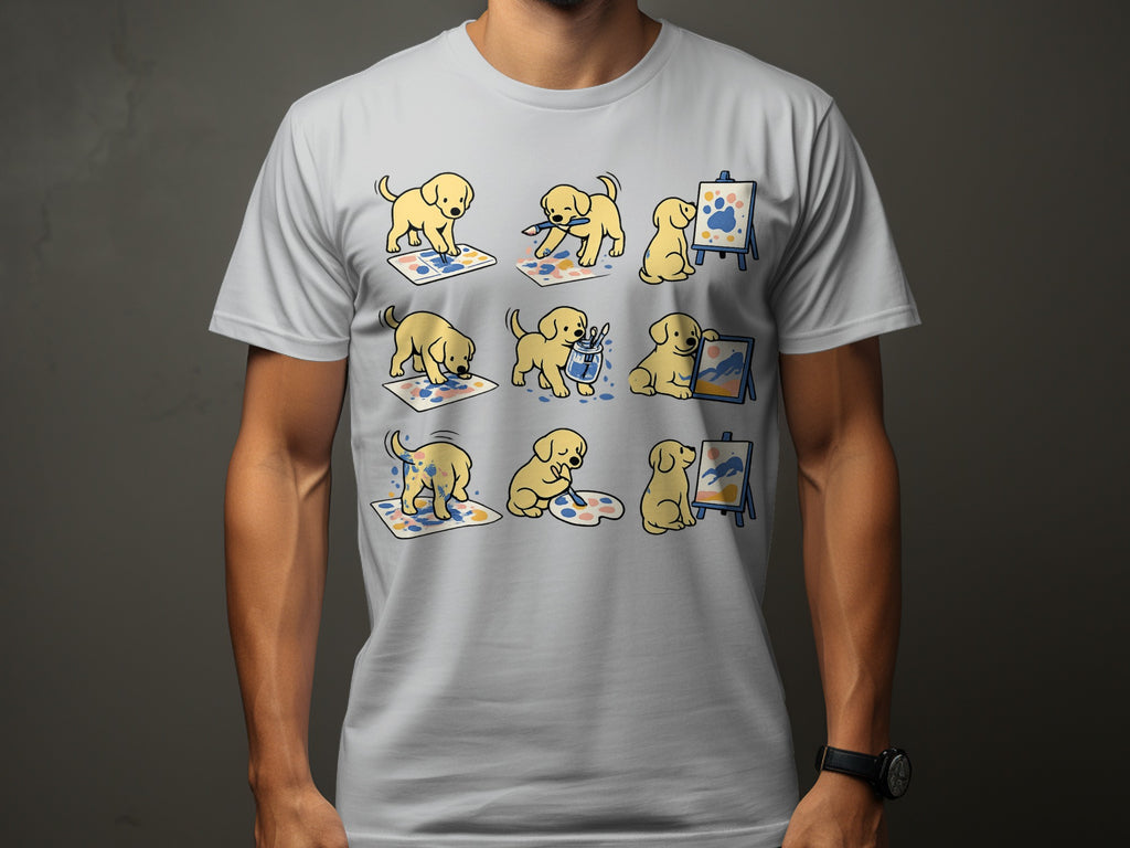 Cartoon golden retriever puppies painting with paws and brushes on canvases.