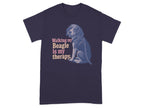 Dark navy t-shirt with beagle graphic and text "Walking my Beagle is my therapy."