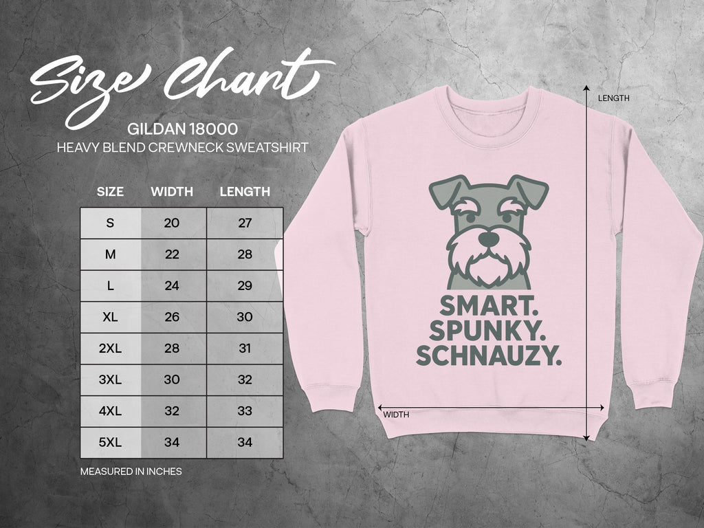 Gildan 18000 size chart for crewneck sweatshirt with Schnauzy graphic.