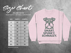 Gildan 18000 size chart for crewneck sweatshirt with Schnauzy graphic.