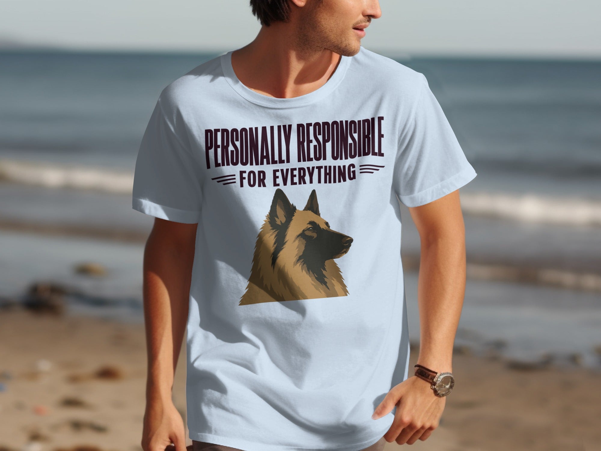 Light blue t-shirt with dog graphic and "Personally Responsible for Everything" text.