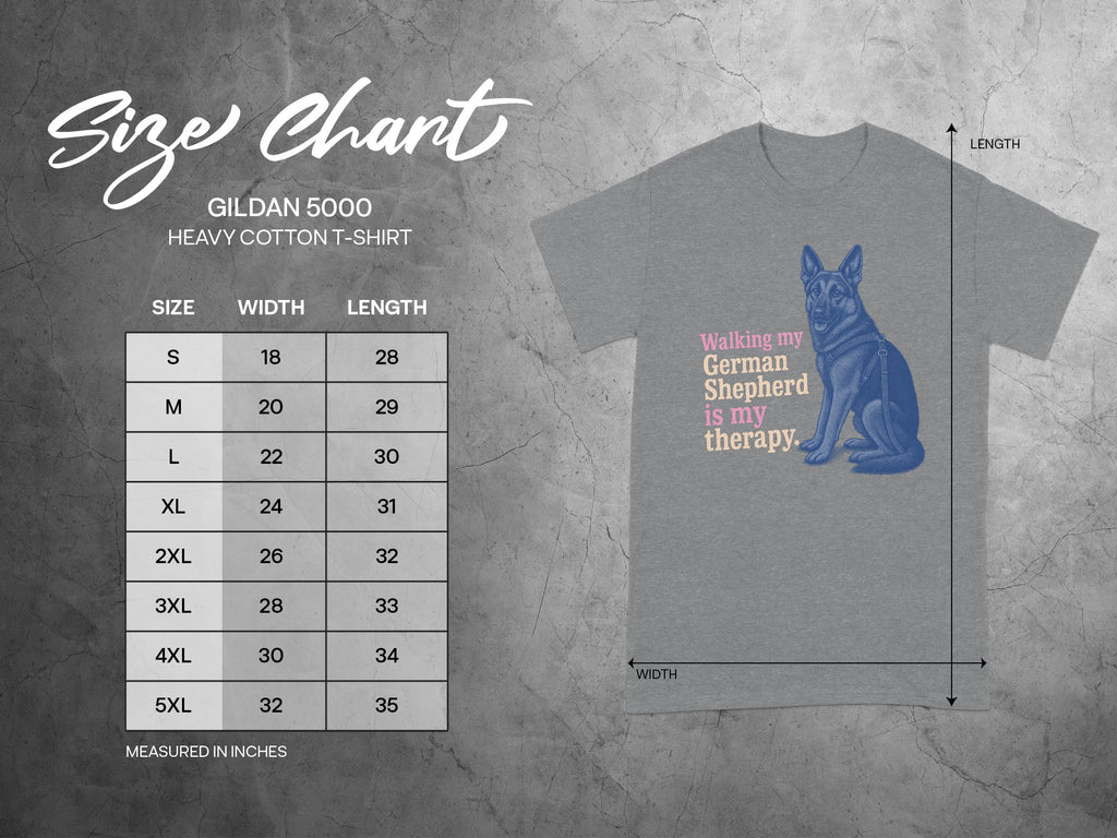 Size chart for Gildan 5000 heavy cotton t-shirt with German Shepherd graphic.