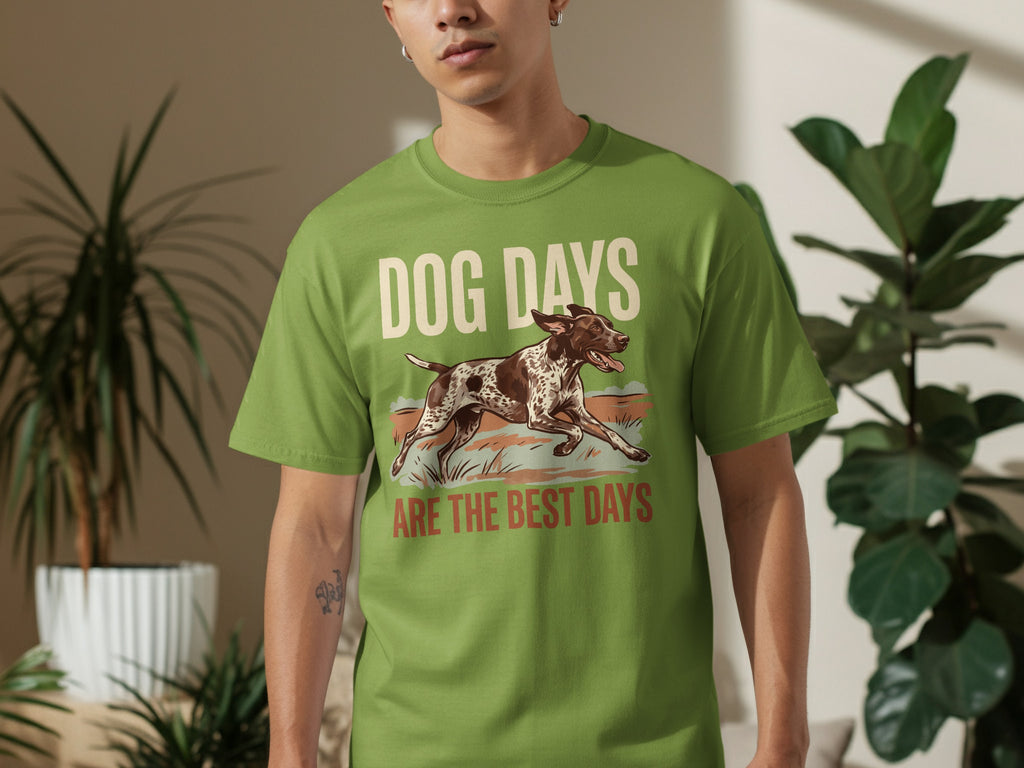 Green t-shirt with "DOG DAYS ARE THE BEST DAYS" and a dog running.