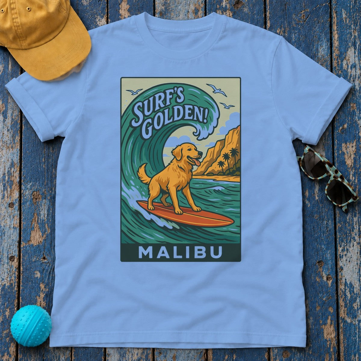 Surf's Golden Malibu Surfing Golden Retriever Dog T-Shirt in Carolina Blue