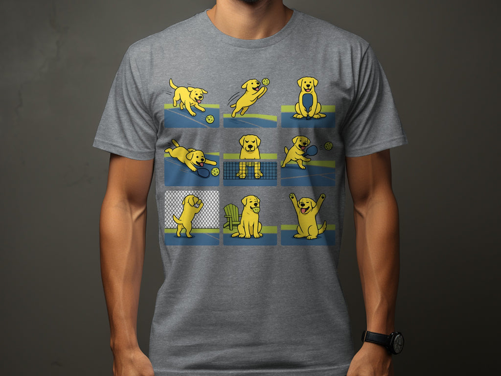 Yellow cartoon dog playing pickleball in a nine-panel grid illustration.