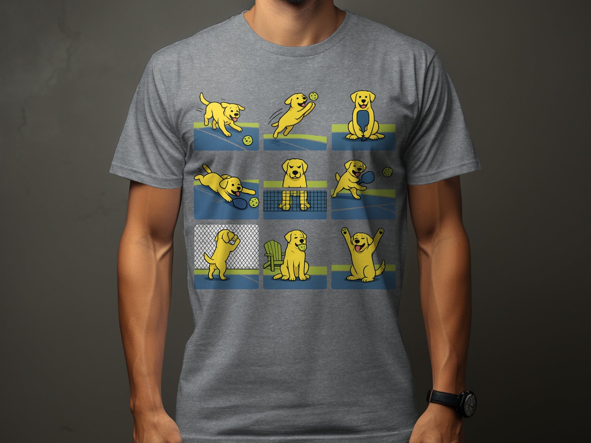 Yellow cartoon dog playing pickleball in a nine-panel grid illustration.