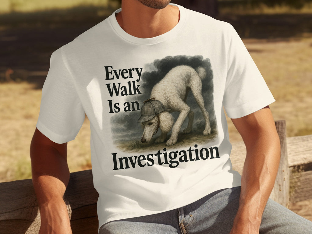 White t-shirt with poodle in deerstalker hat and text "Every Walk Is an Investigation."