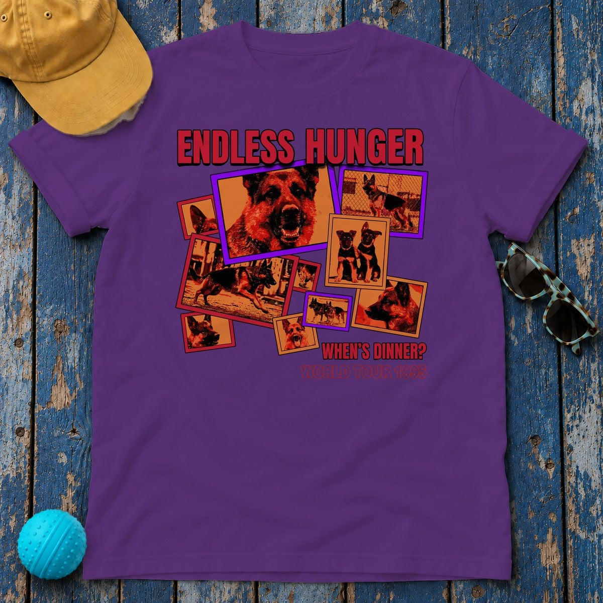 Endless Hunger Whens Dinner? German Shepherd World Tour 1995 Graphic T-Shirt in Purple