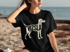 Black t-shirt with white Vizsla dog outline and text.
