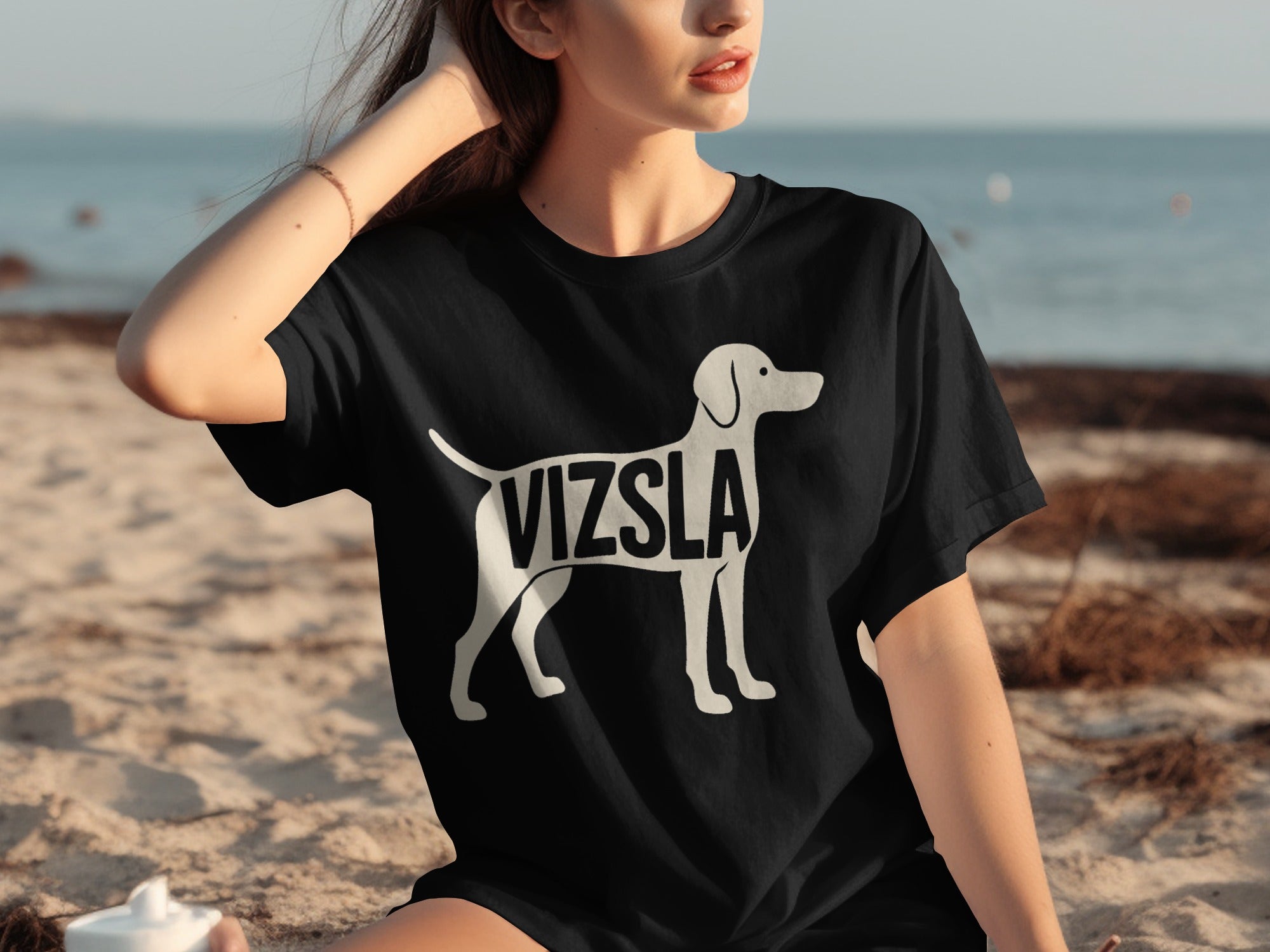 Black t-shirt with white Vizsla dog outline and text.