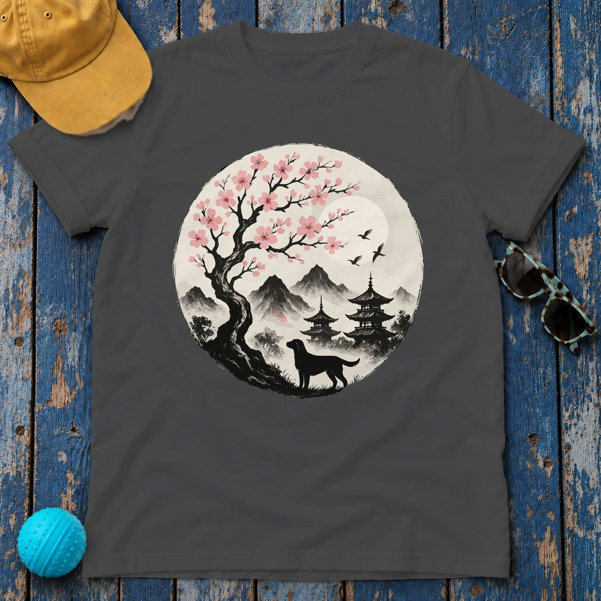 Labrador Under Cherry Blossoms T-Shirt in Dark Heather