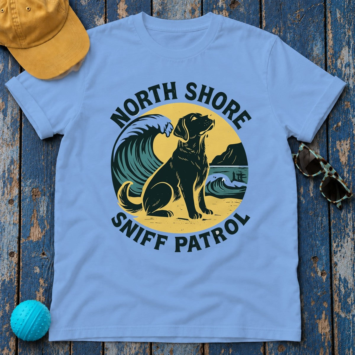 North Shore Sniff Patrol Beach Labrador Retriever T-Shirt in Carolina Blue