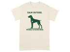 T-shirt with a dog silhouette and text "Calm Outside. Intensely Attached Inside."