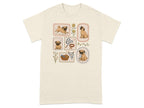 Framed illustrations of pugs playing, with dog accessories and a tennis ball.