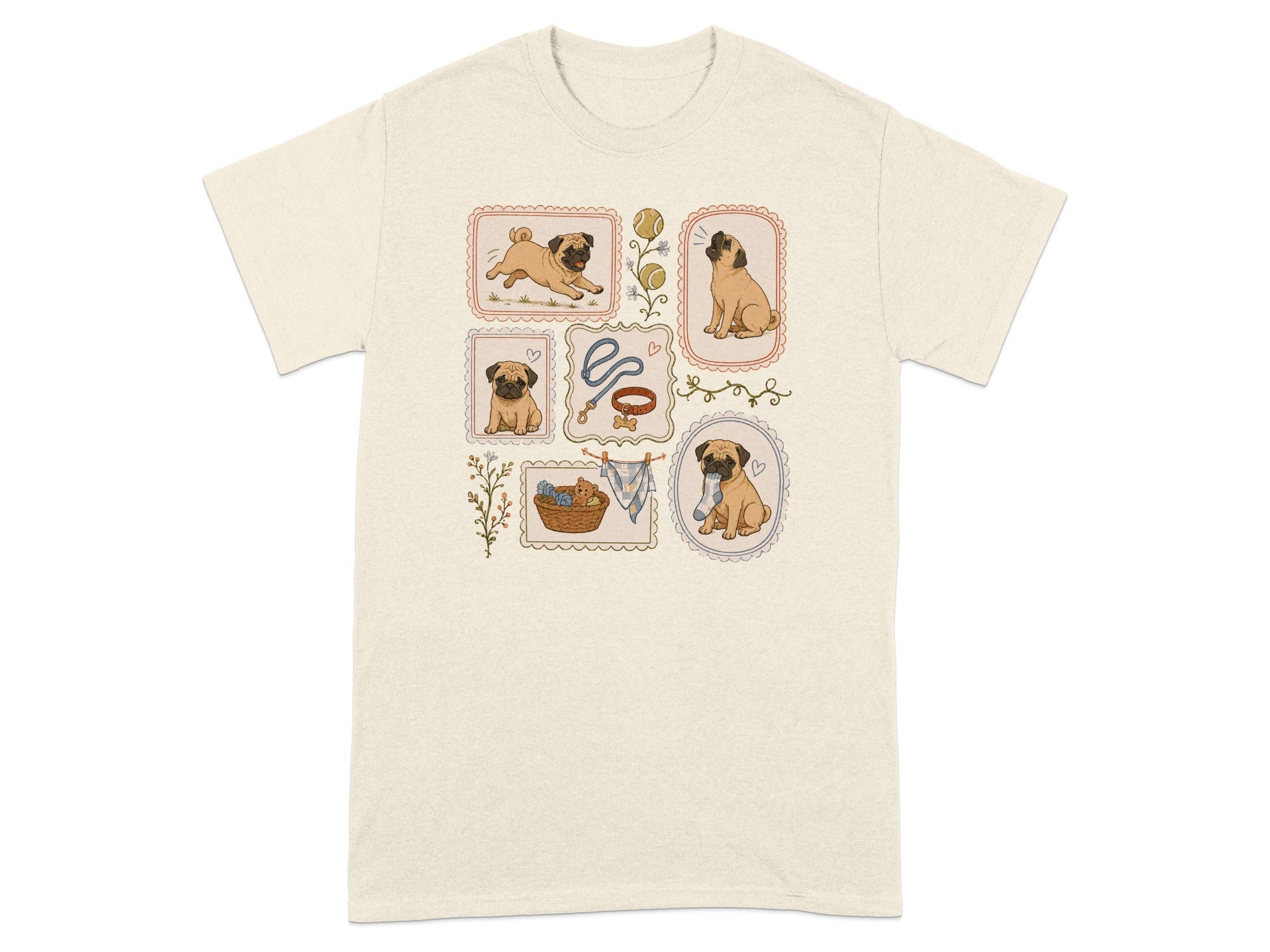 Framed illustrations of pugs playing, with dog accessories and a tennis ball.