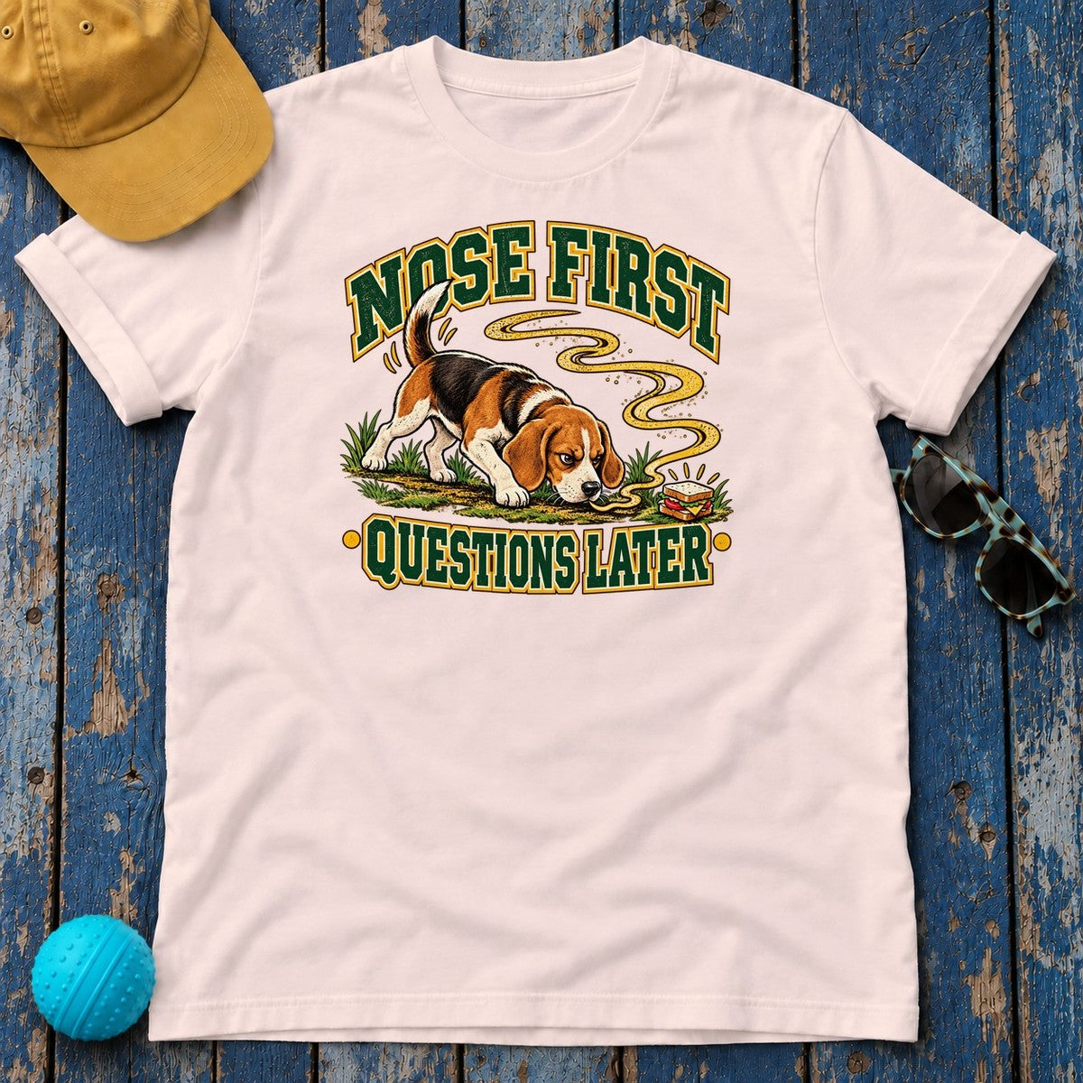 Nose First Questions Later Beagle T-Shirt in Soft Pink - flat lay