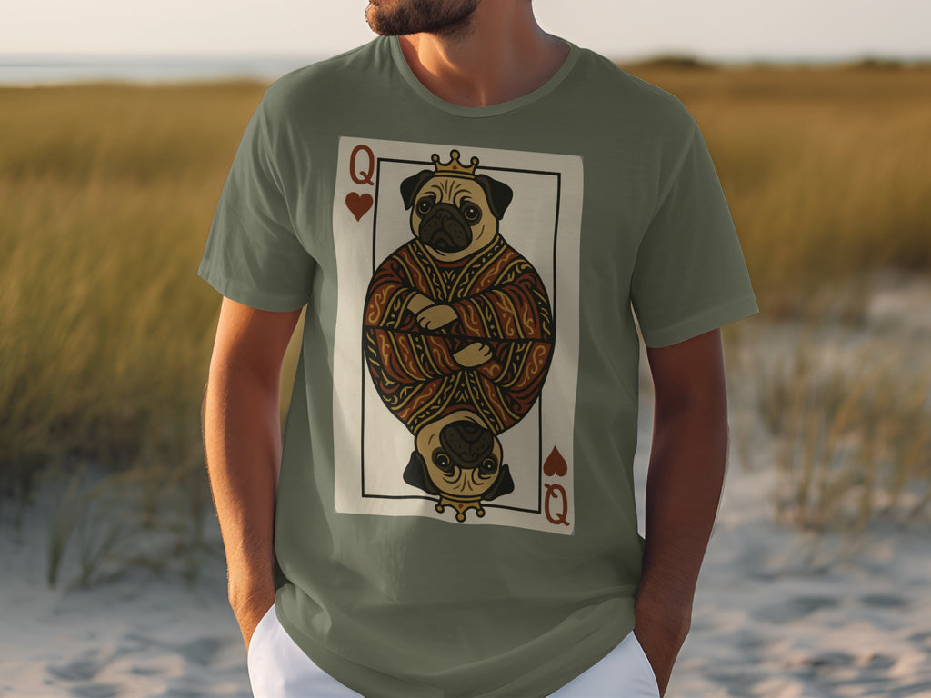 T-shirt graphic of a pug with a crown and crossed arms on a playing card.