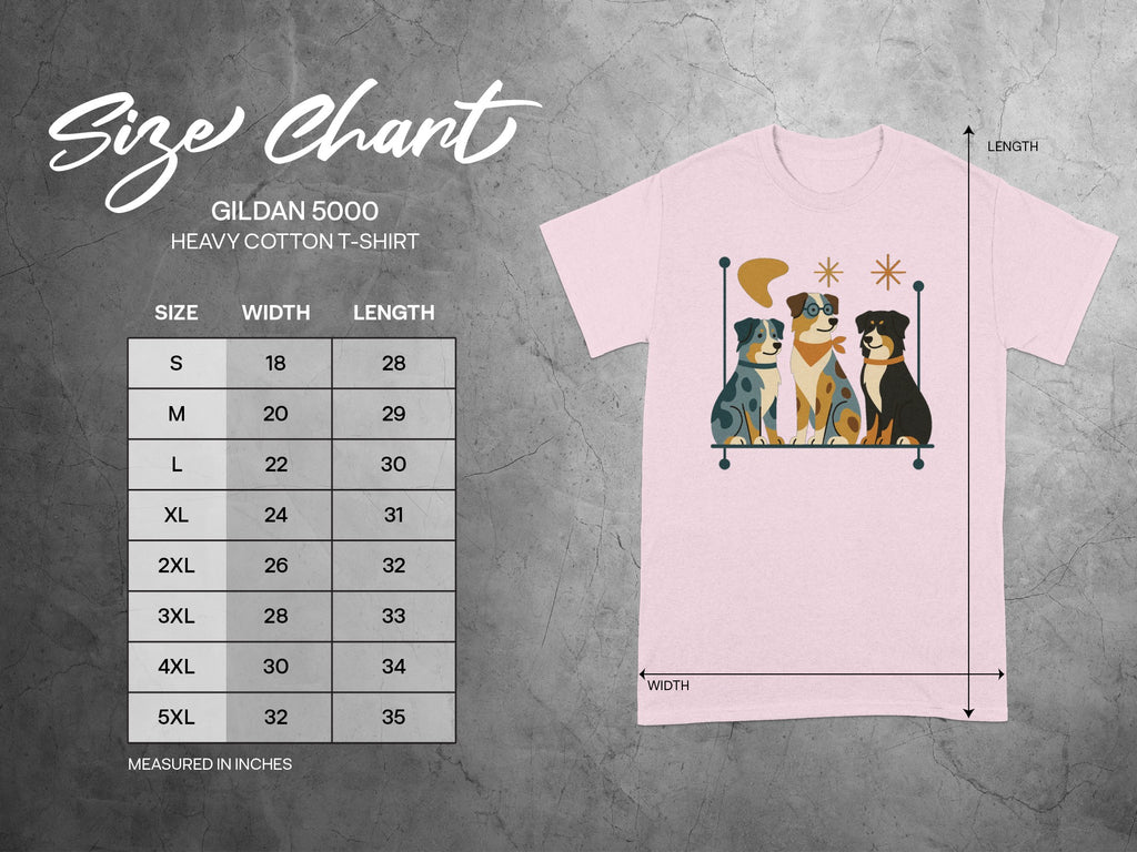 Size chart for Gildan 5000 heavy cotton t-shirts with size, width, and length measurements.