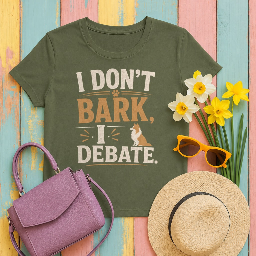 Witty Canine Debater Sheltie T-Shirt in Military Green