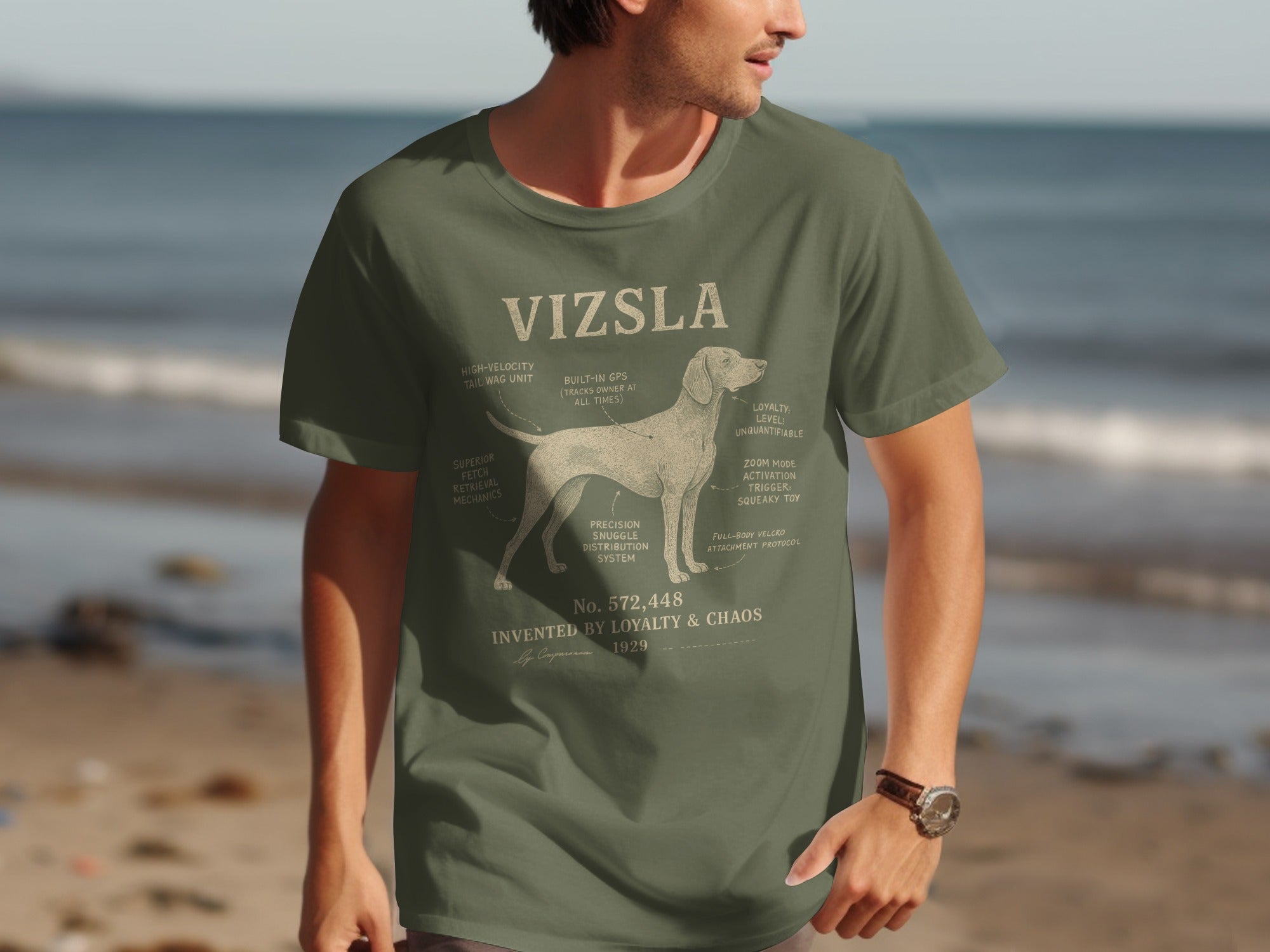 Green t-shirt with a stylized Vizsla diagram and humorous labels.