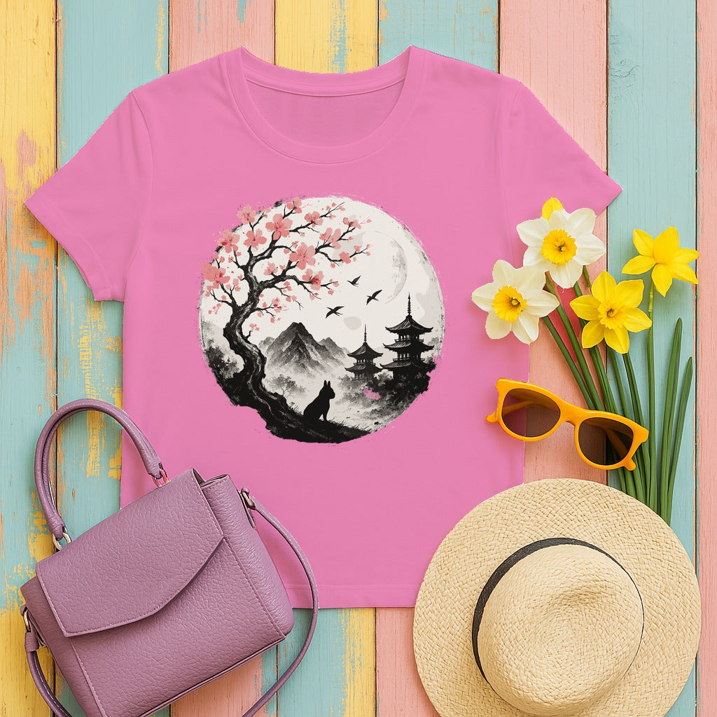 Zen Japanese Scene With French Bulldog Silhouette T-Shirt in Azalea