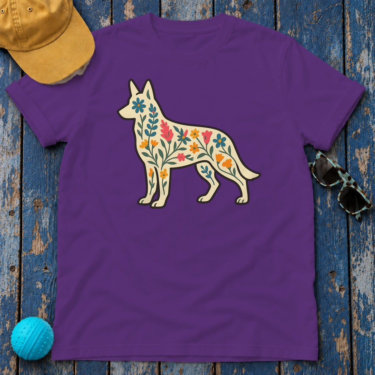 Floral German Shepherd T-Shirt in Purple