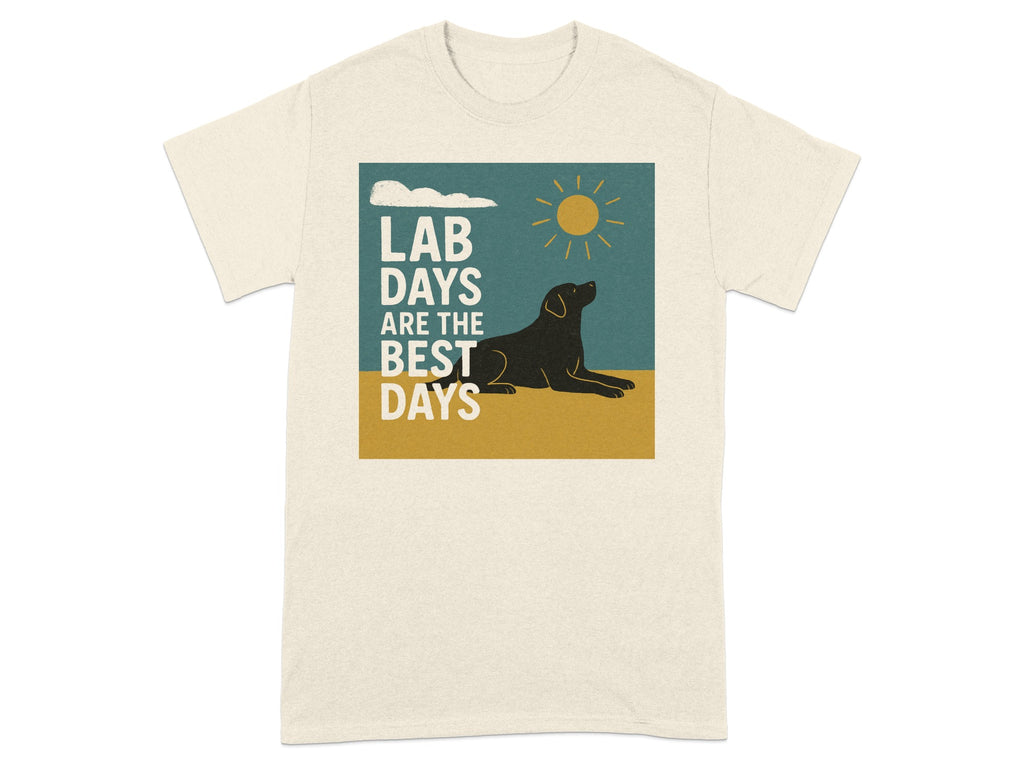 Black dog under sun and clouds, text "LAB DAYS ARE THE BEST DAYS"