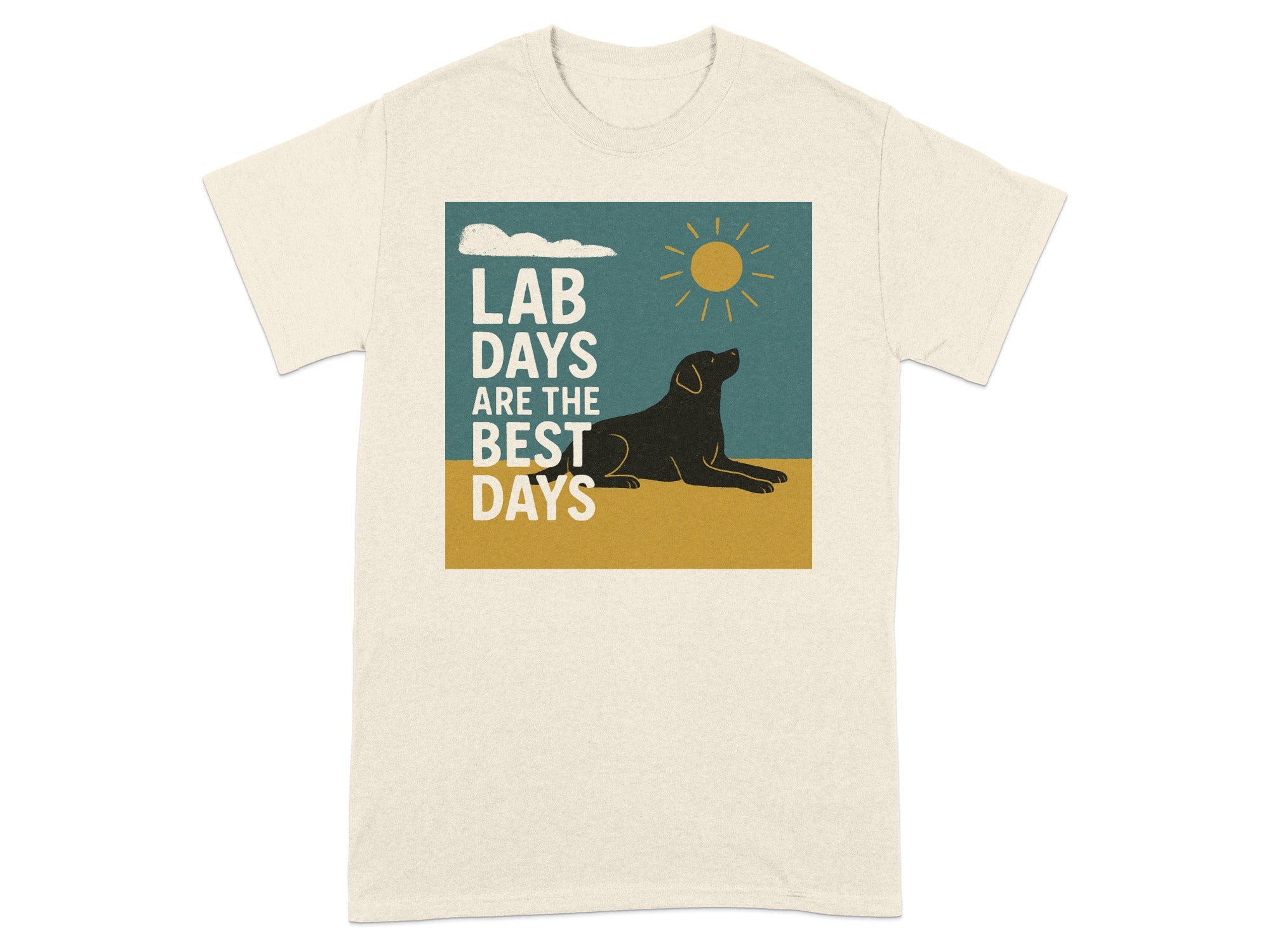Black dog under sun and clouds, text "LAB DAYS ARE THE BEST DAYS"
