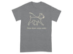 Grey t-shirt with a line drawing of a French bulldog and text: Slow down, enjoy walks.
