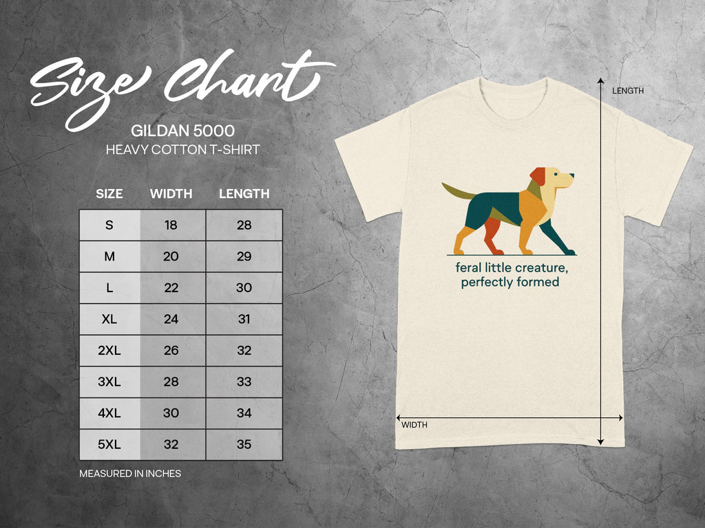 Gildan 5000 T-shirt size chart with measurements and abstract dog graphic.
