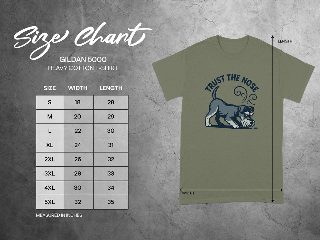 Size chart showing Gildan 5000 heavy cotton t-shirt sizes, width, and length.