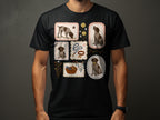 T-shirt with framed illustrations of a dog, tennis balls, and a basket of yarn.