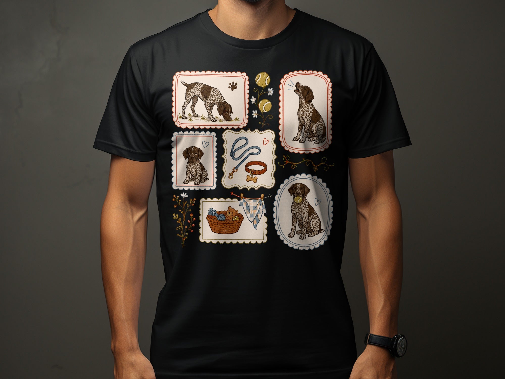 T-shirt with framed illustrations of a dog, tennis balls, and a basket of yarn.