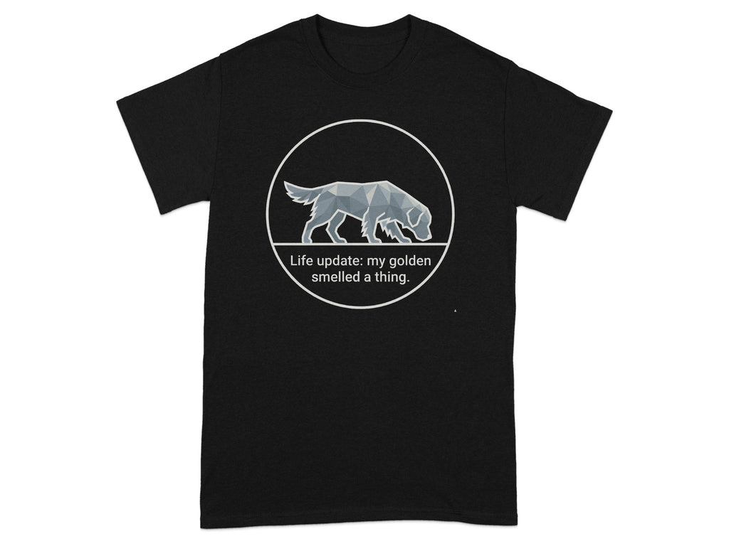 Black t-shirt with a geometric golden retriever graphic and text.
